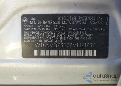 2007 BMW 335 I z USA, uszkodzony, nr VIN WBAVB73577VH21736